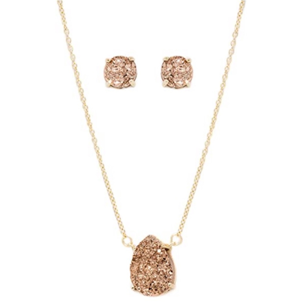 Gold Plated Rose Gold Druzy Necklace & Earring Set